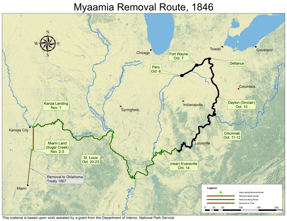 A map highlighting the Myaamia Removal Route from Indiana into Ohio and out to Kansas and Oklahoma that is annotated to mark the progress as of October 13, 1846
