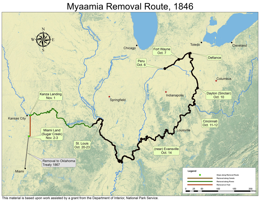 A map highlighting the Myaamia Removal Route from Indiana into Ohio and out to Kansas and Oklahoma that is annotated to mark the progress as of October 23, 1846