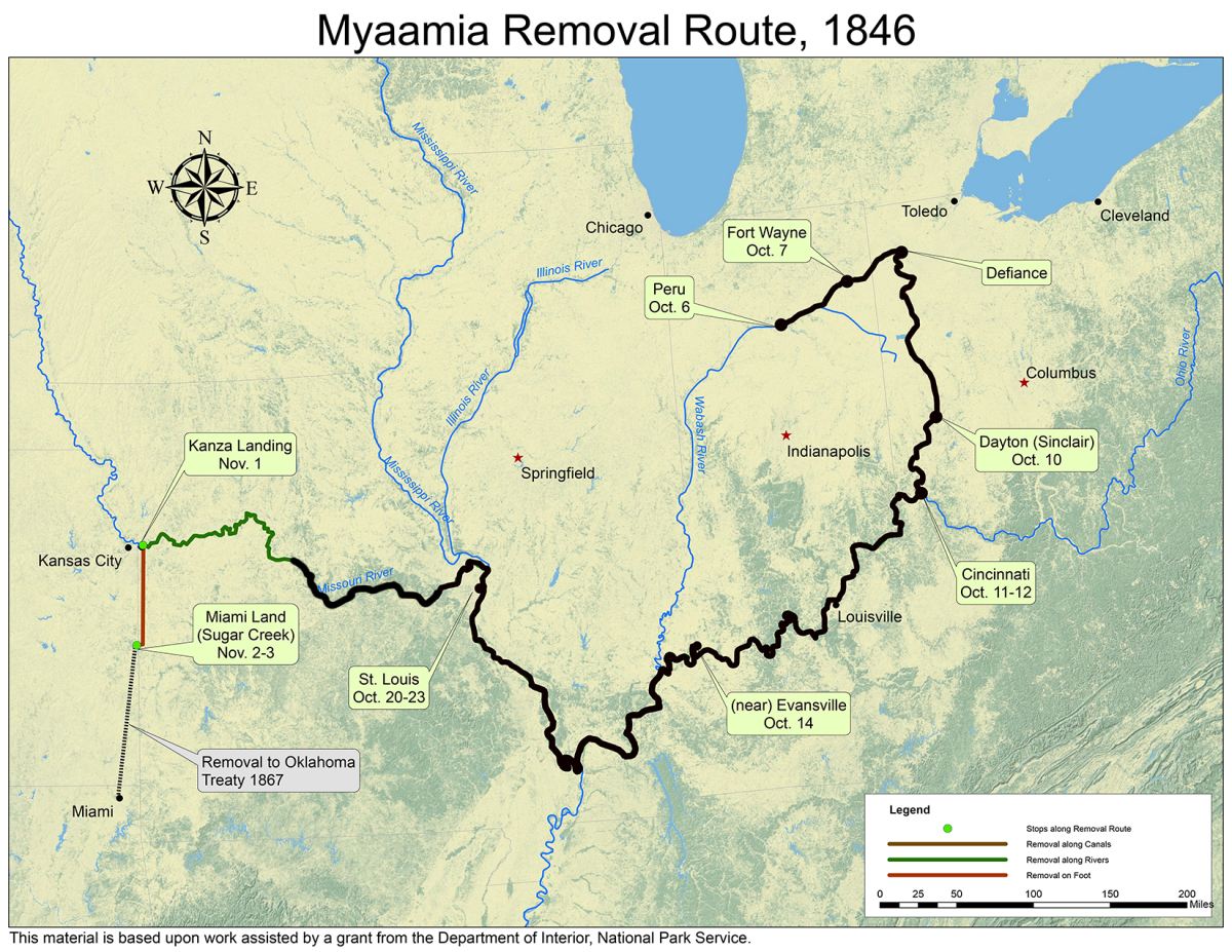 A map highlighting the Myaamia Removal Route from Indiana into Ohio and out to Kansas and Oklahoma that is annotated to mark the progress as of October 28, 1846
